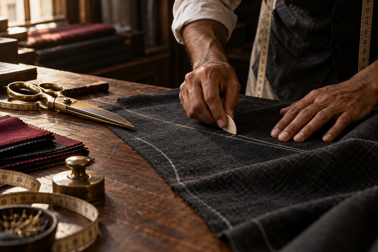 Illustrative tailor marking wool cloth by hand